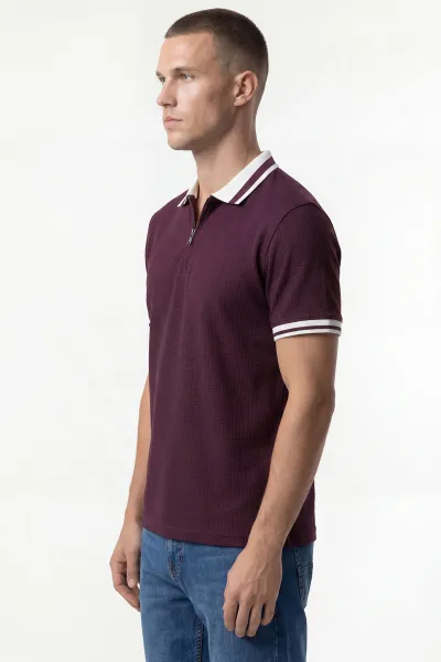 Bordo Jakarlı Yarım Fermuarlı Polo Yaka Erkek Tişört 435335