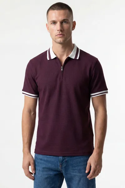 Bordo Jakarlı Yarım Fermuarlı Polo Yaka Erkek Tişört 435335