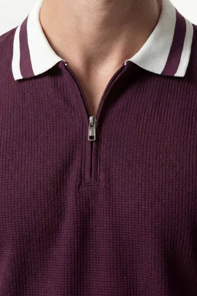 Bordo Jakarlı Yarım Fermuarlı Polo Yaka Erkek Tişört 435335
