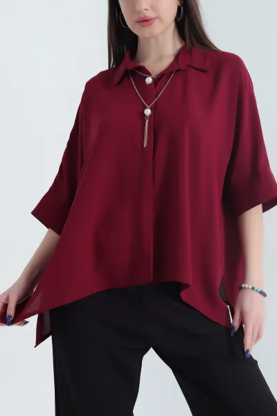 Bordo Jessica Kumaş Kolye Aksesuarlı Kadın Gömlek 342611
