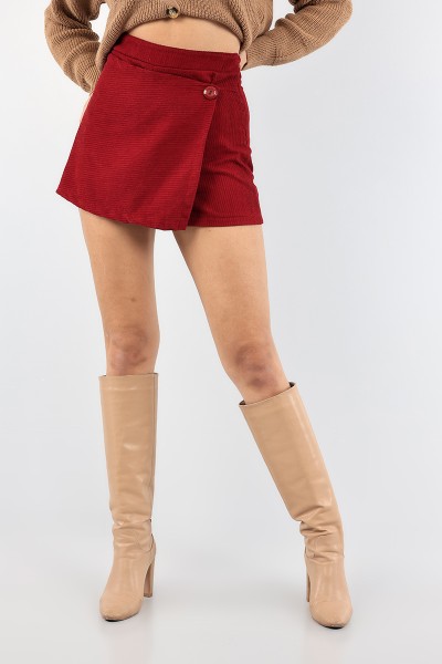 Bordo Kadife Fitilli Şort Etek 91492