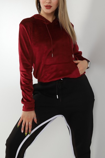 Bordo Kadife Kapüşonlu Bayan Sweat 147285