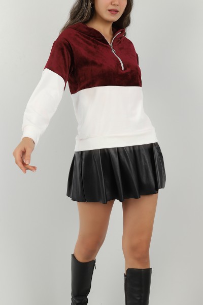 Bordo Kadife Yarım Fermuarlı Sweat 147292