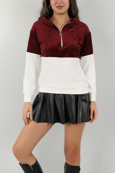 Bordo Kadife Yarım Fermuarlı Sweat 147292