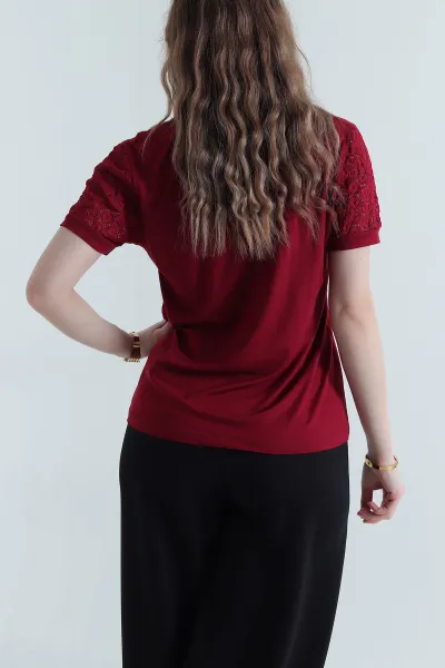 Bordo Kadın Kısa Kollu V Yakalı Dantel Detaylı Viskon Bluz 441156