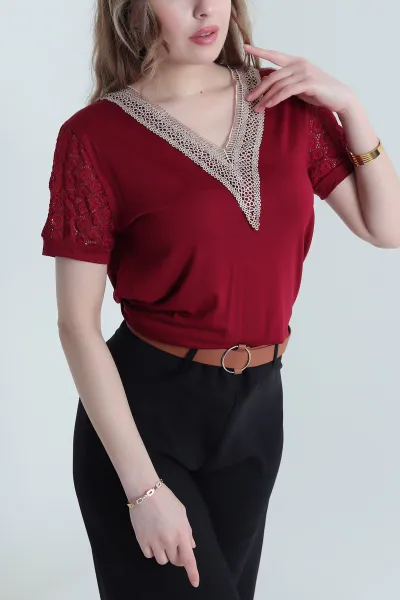 Bordo Kadın Kısa Kollu V Yakalı Dantel Detaylı Viskon Bluz 441156
