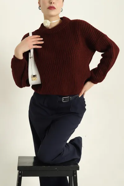 Bordo Kalın Örme Triko Kazak 328905