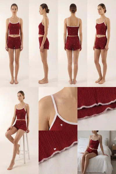 Bordo Kalp Desenli Askılı Kadın Şortlu Takım 440008