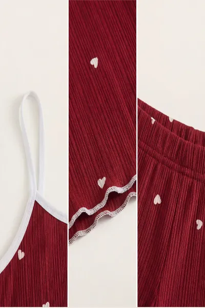 Bordo Kalp Desenli Askılı Kadın Şortlu Takım 440008