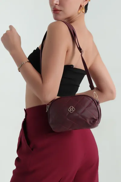 Bordo Kapitone Çift Fermuarlı Omuz Çantası 359579