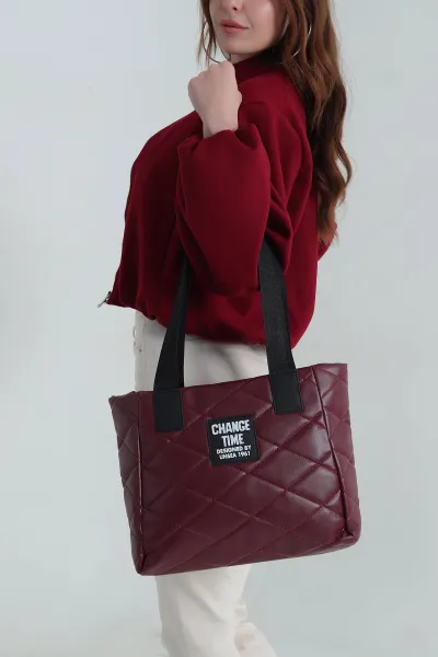 Bordo Kapitone Yazı Detay El Kol ve Omuz Çantası 412886
