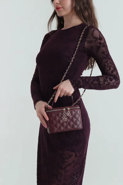 Bordo Kapitone Zincir Askılı Kadın El Kol ve Omuz Çantası 431625