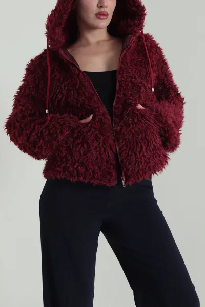 Bordo Kapşonlu Fermuarlı Kıvırcık Kadın Mont 424296