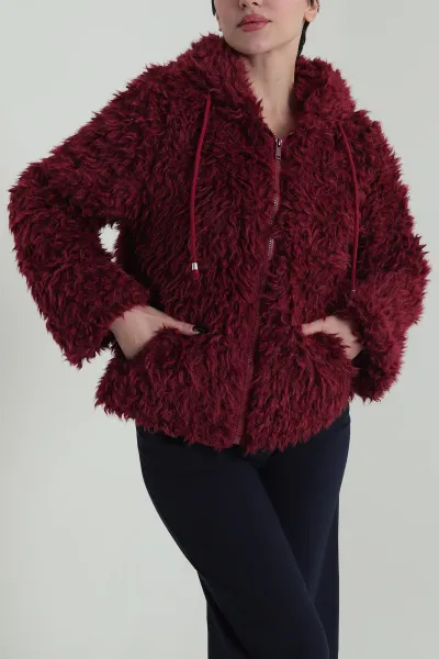 Bordo Kapşonlu Fermuarlı Kıvırcık Kadın Mont 424296