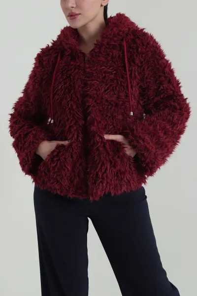 Bordo Kapşonlu Fermuarlı Kıvırcık Kadın Mont 424296