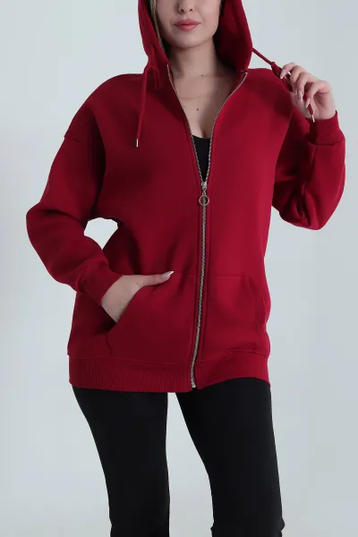 Bordo Kapşonlu Fermuarlı Şardonlu Üç İp Kadın Sweat 485027