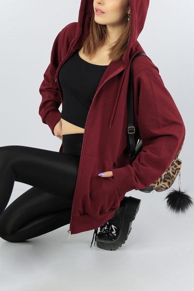 Bordo kapüşonlu Bayan Fermuarlı Sweat 55551