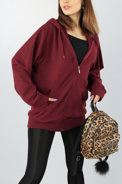 Bordo kapüşonlu Bayan Fermuarlı Sweat 55551