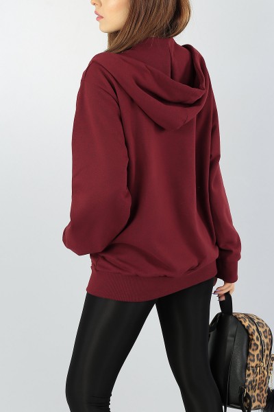 Bordo kapüşonlu Bayan Fermuarlı Sweat 55551