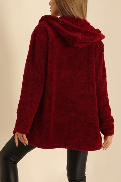 Bordo Kapüşonlu Cepli Yumoş Mont 211055