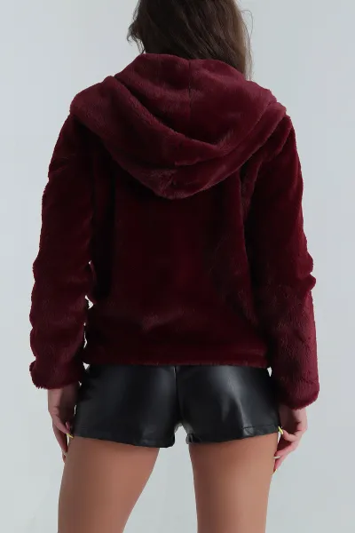 Bordo Kapüşonlu Kadın Kürk Mont 394446