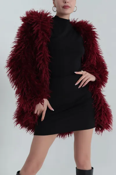 Bordo Kapüşonlu Kadın Tibet Mont 394484