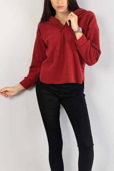 Bordo Kapüşonlu Polarlı Bayan Sweat 83539