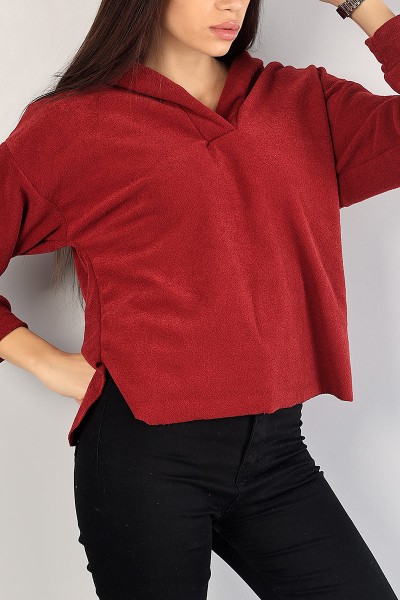 Bordo Kapüşonlu Polarlı Bayan Sweat 83539
