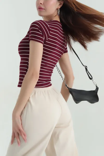 Bordo Kare Yaka Çizgili Bluz 357337