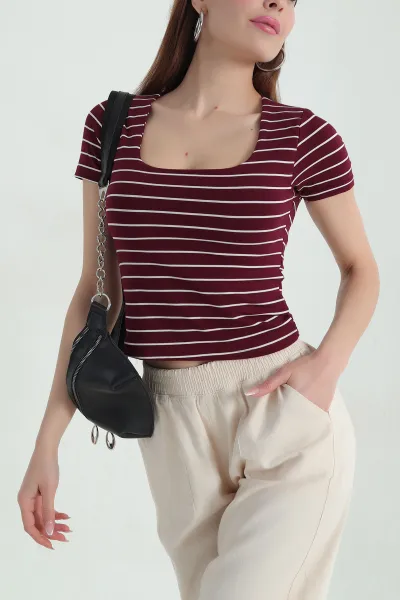 Bordo Kare Yaka Çizgili Bluz 357337