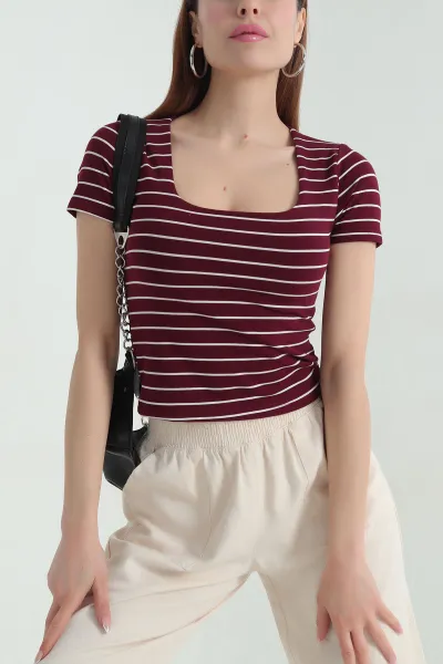Bordo Kare Yaka Çizgili Bluz 357337