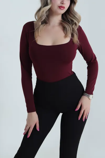 Bordo Kare Yaka Dalgıç Kadın Zıbın Bluz 482663
