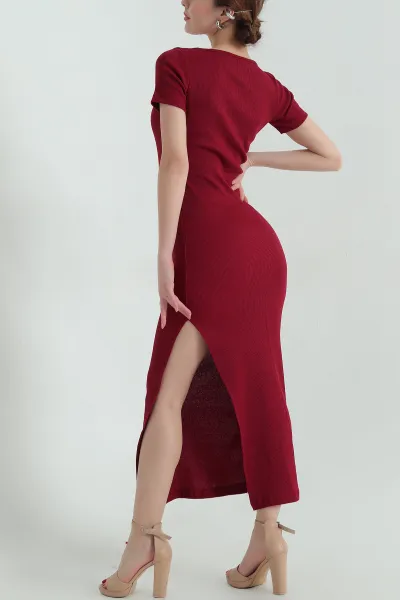 Bordo Kare Yaka Fitilli Elbise 336816