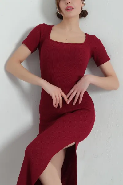Bordo Kare Yaka Fitilli Elbise 336816