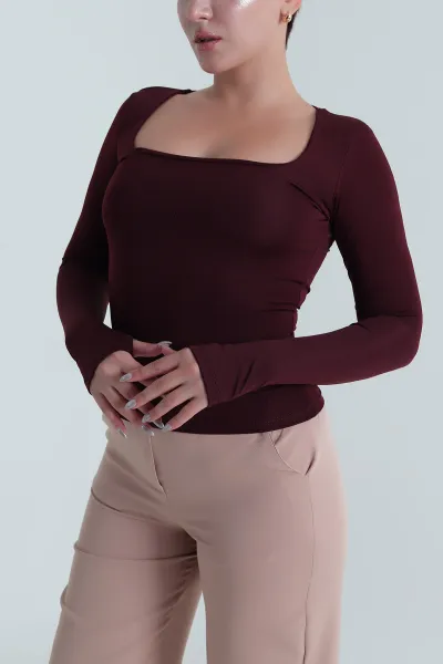 Bordo Kare Yaka Scuba Kadın Bluz 483672