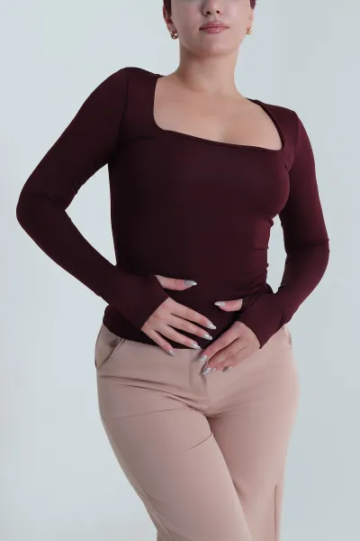 Bordo Kare Yaka Scuba Kadın Bluz 483672