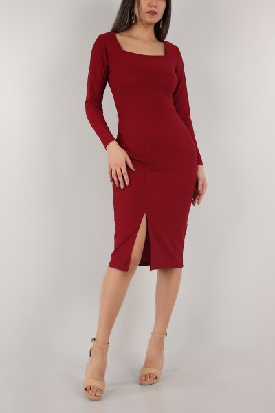 Bordo Kare Yaka Yırtmaçlı Elbise 153311
