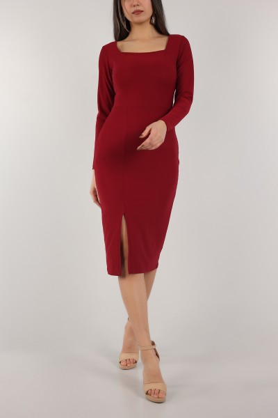 Bordo Kare Yaka Yırtmaçlı Elbise 153311