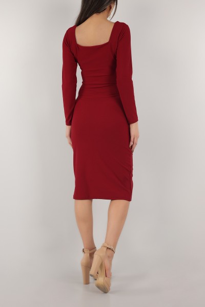 Bordo Kare Yaka Yırtmaçlı Elbise 153311