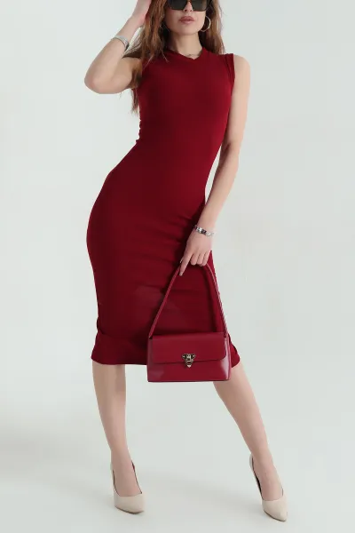 Bordo Kaşkorse Kolsuz Likralı Kadın Elbise 356307