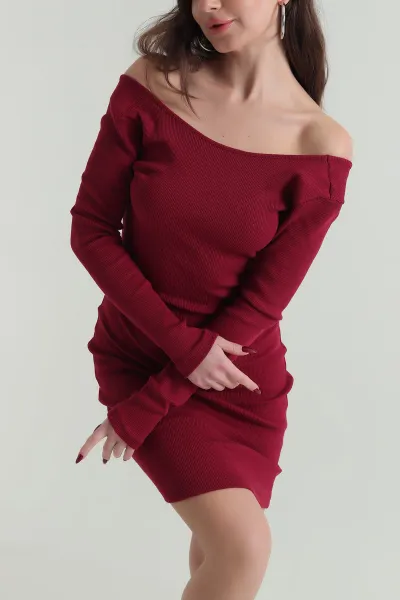 Bordo Kaşkorse Likralı Bel Bağlamalı Kadın Elbise 418587