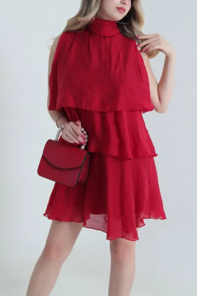 Bordo Katlı Tensel Kadın Elbise 476056