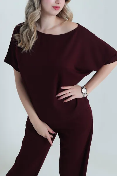 Bordo Kayık Yaka Modal İkili Takım 478383