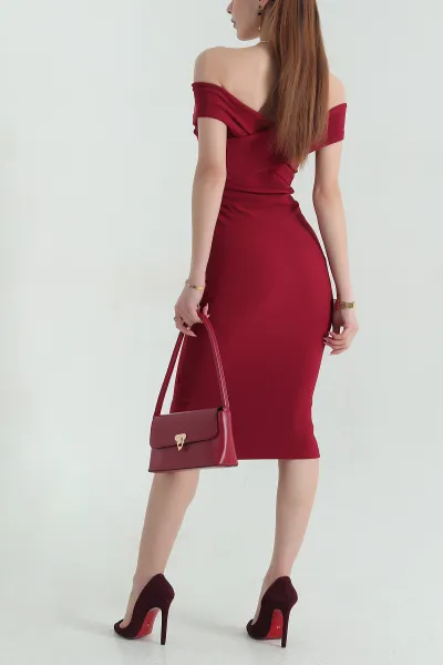 Bordo Kayık Yaka Ottoman Kadın Elbise 357047