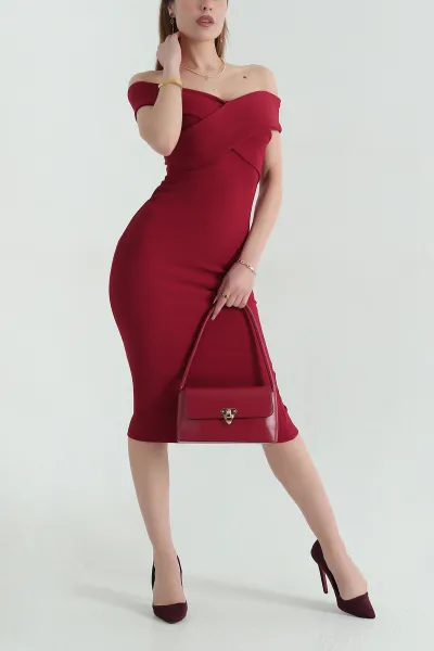 Bordo Kayık Yaka Ottoman Kadın Elbise 357047