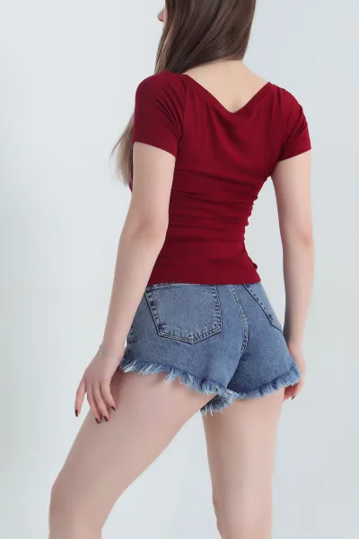 Bordo Kayık Yaka Ribana Kadın Bluz 344691