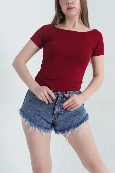 Bordo Kayık Yaka Ribana Kadın Bluz 344691