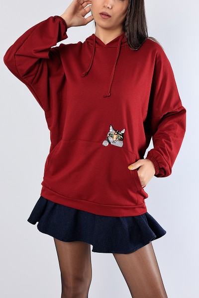 Bordo Kedi Nakışlı Sweat Tunik 81334