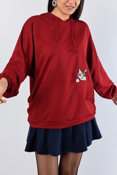 Bordo Kedi Nakışlı Sweat Tunik 81334