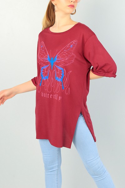 Bordo Kelebek Baskılı Bayan Tişört 70248